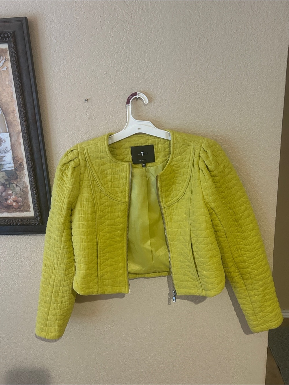 7 For All Mankind Quilted Cropped Moto Jacket Chartreuse Lime Green XS